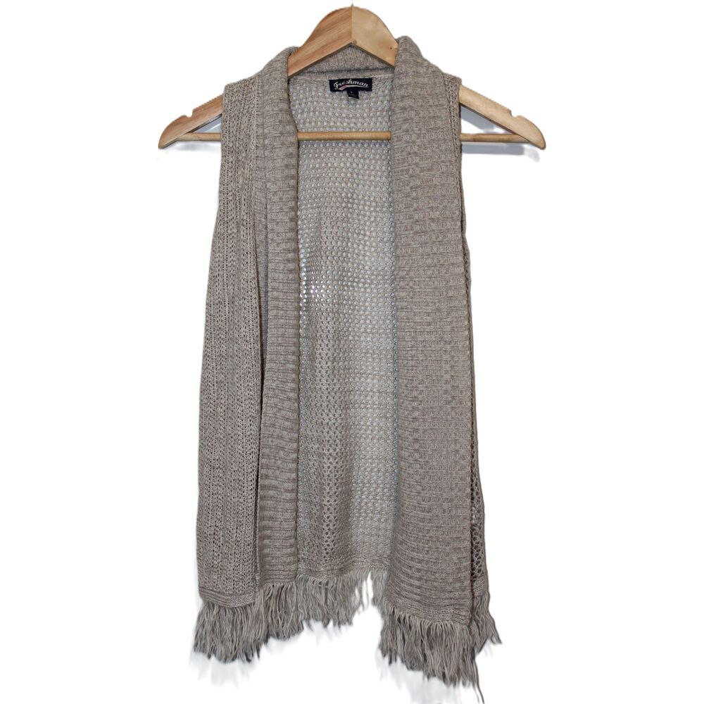 NWOT Womens Freshman 1996 Beige Tan Knitted Fringed Open Front Vest Size Large L